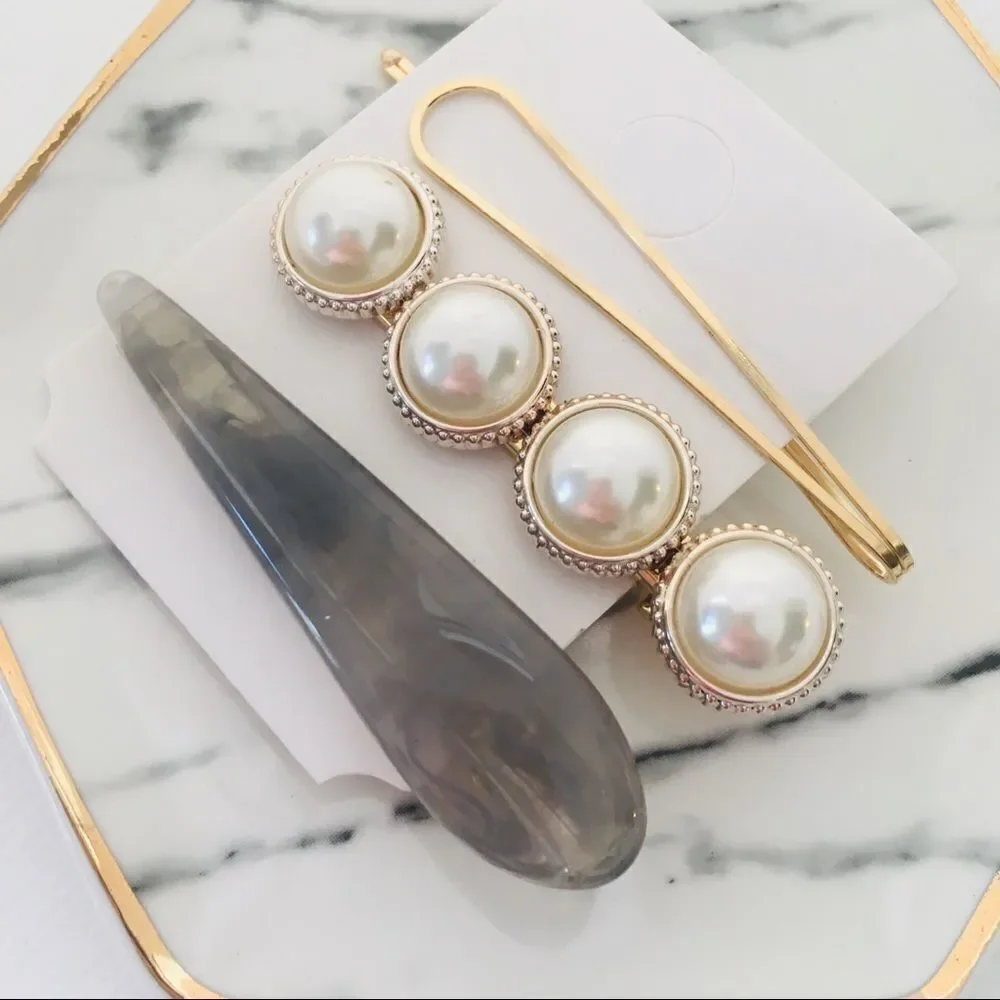 Set of 3 Pearl Gray Marble Gold Hair Pin Barrettes NWT